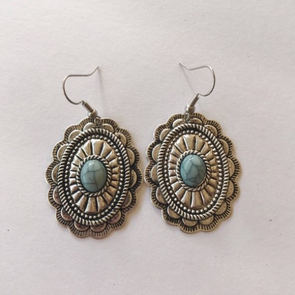 Silver + blue faux marble concho earrings - Picture 2 of 3